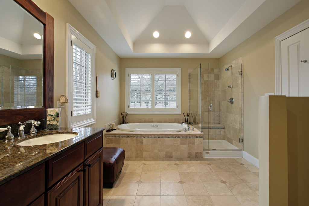 Master bath with glass shower granite counter - Payless Kitchen Cabinets