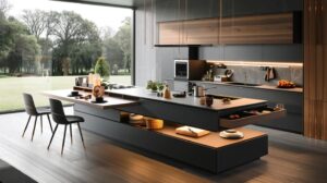 a sleek, modern kitchen in the midst of a remodel showcases multifunctional furniture like a compact dining table with integrated workspace, modular cabinets, and pull-out drawers, all bathed in bright led task lighting to emphasize efficient layout and stylish organization.