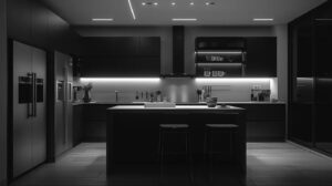 a sleek, modern kitchen in the midst of a remodel showcases elegant cabinetry and high-end appliances, bathed in warm, ambient lighting that highlights the contemporary design elements.