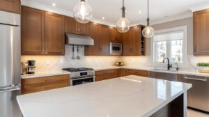 a sleek, minimalist kitchen featuring elegant shaker cabinets, highlighted by a pristine white countertop and modern metallic appliances, encapsulating contemporary design and functionality.