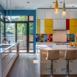 a sleek and contemporary kitchen showcases vibrant color accents, innovative layouts, and cutting-edge design elements, emphasizing a harmonious blend of style and functionality.