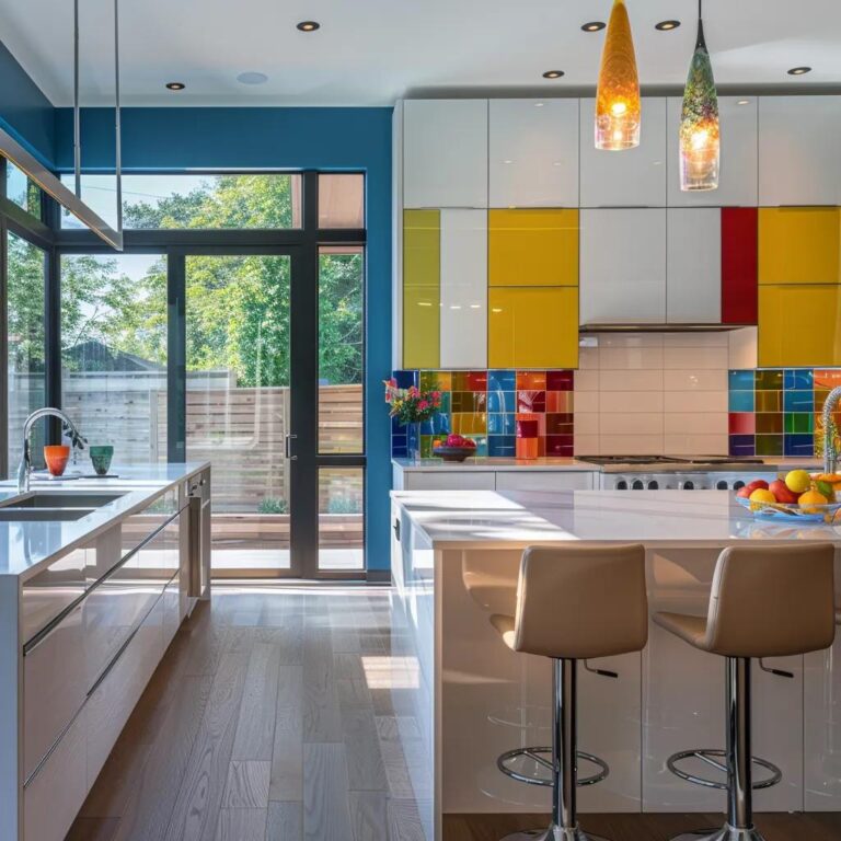 a sleek and contemporary kitchen showcases vibrant color accents, innovative layouts, and cutting-edge design elements, emphasizing a harmonious blend of style and functionality.
