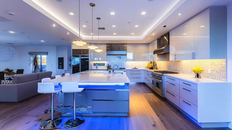a sleek, contemporary kitchen island stands at the center of a modern kitchen remodel, showcasing innovative design elements like integrated smart technology and elegant finishes under bright, focused lighting.