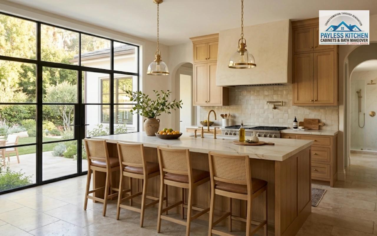 Luxury kitchen remodel by Payless Kitchen Cabinets in Lake Elsinore featuring warm earth tone kitchen design ideas and premium quartz countertops