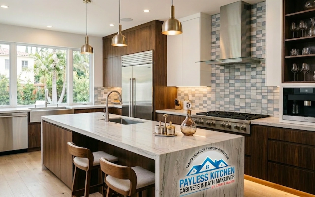Professional kitchen remodel cost Arcadia example featuring a luxury waterfall quartz island, custom walnut cabinetry, high-end stainless steel appliances, and designer pendant lighting.