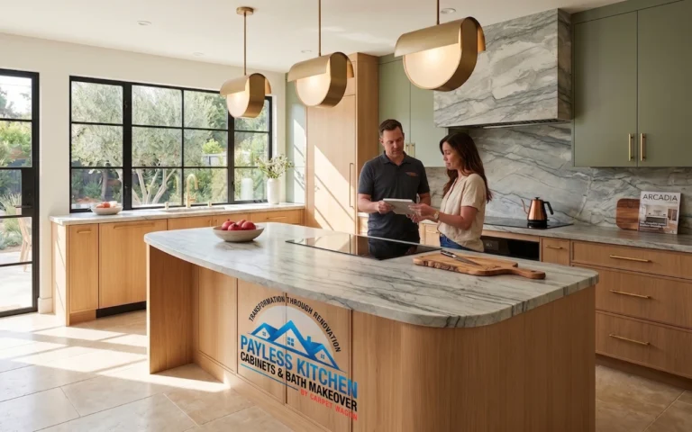 Luxury kitchen remodel in Arcadia, California featuring a sculptural curved island, natural white oak custom cabinetry, and a dramatic stone slab backsplash, incorporating 2026 design trends and kitchen remodel guidelines Arcadia