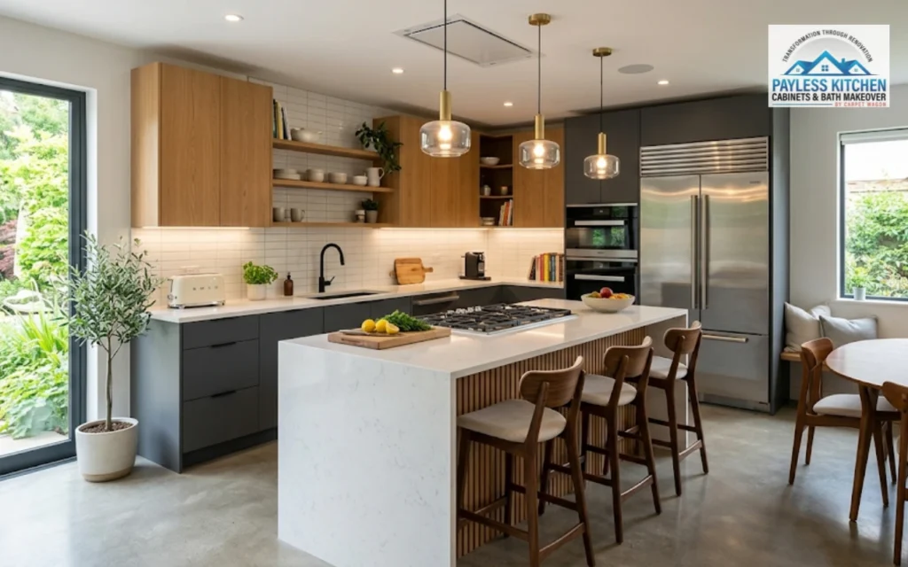 Comparative architectural infographic mapping out standard kitchen sink types including undermount installations, fireclay farmhouse aprons, and modern multi-tier workstation basins resting within custom kitchen cabinets.