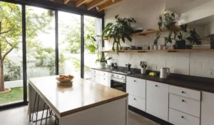 Brightly lit kitchen with windows