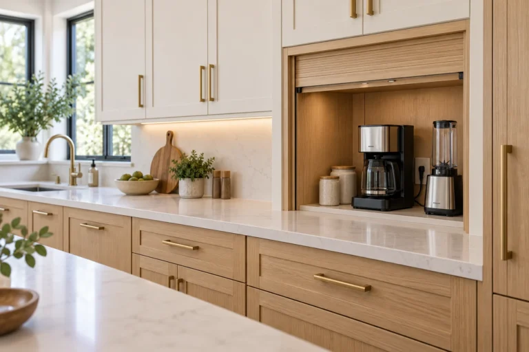 Built-in kitchen appliance garage with an open roll-up door and space for a coffee maker and blender.