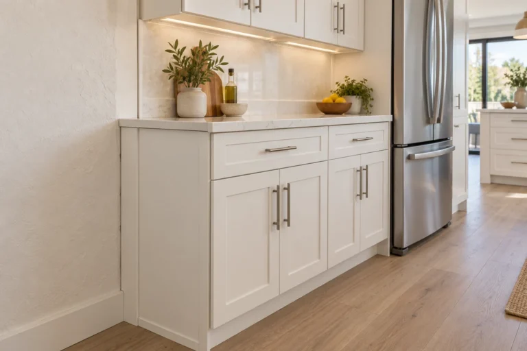 White kitchen cabinets with a matching filler strip closing the gap between the cabinet and an adjoining wall.
