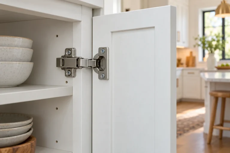 Concealed European-style hinge attached to an open white kitchen cabinet door.