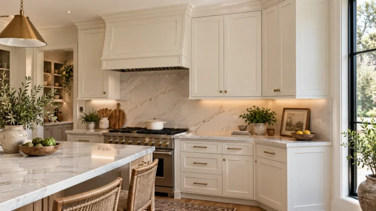 Off-white shaker kitchen cabinets with crown molding, light-rail trim, and brass hardware.
