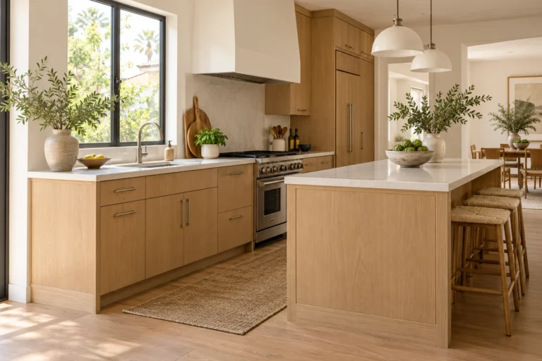 Warm oak kitchen cabinets with finished side panels on an exposed cabinet end and kitchen island.